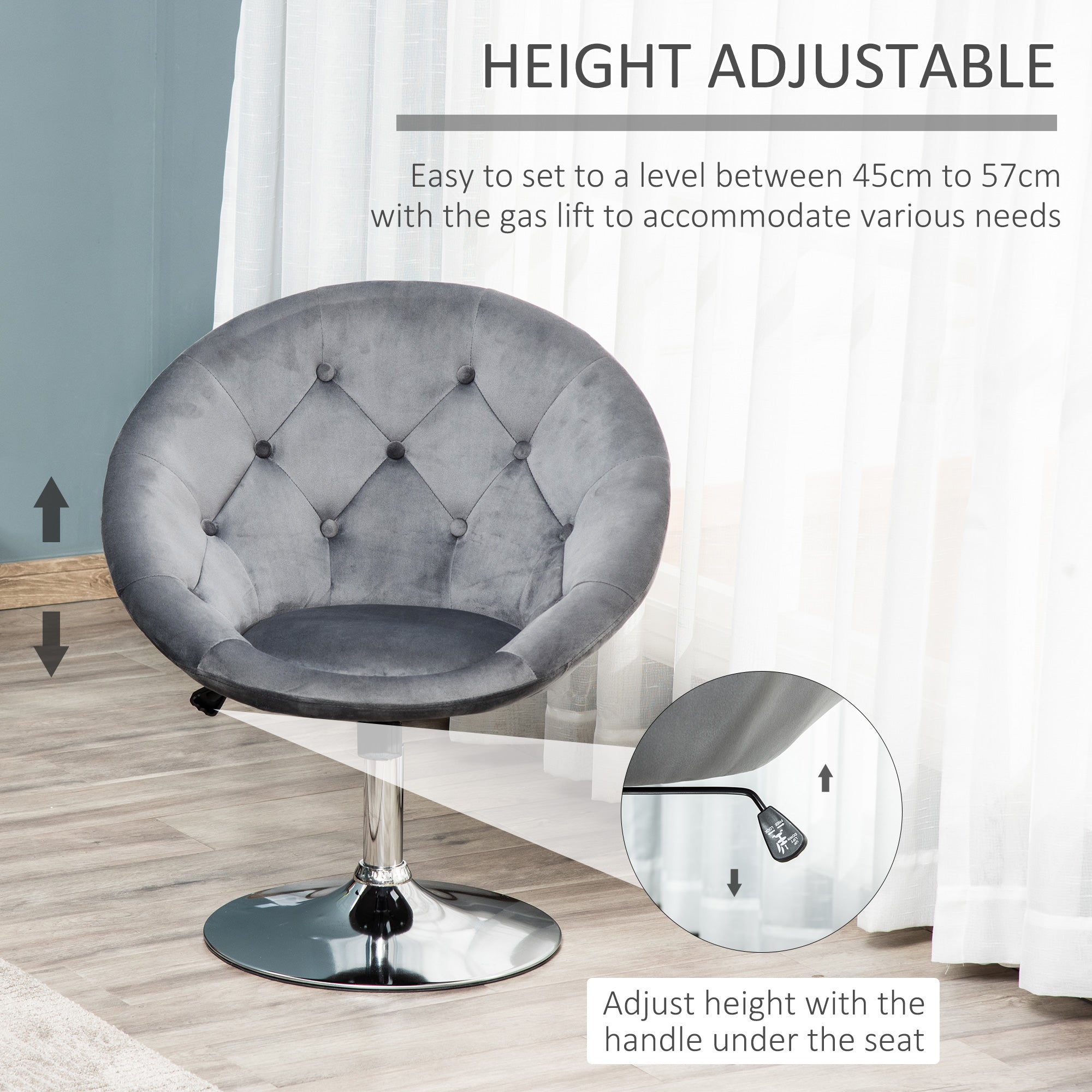 Gray velvet-feel upholstered swivel dressing stool with button tufting, adjustable height, and chrome base