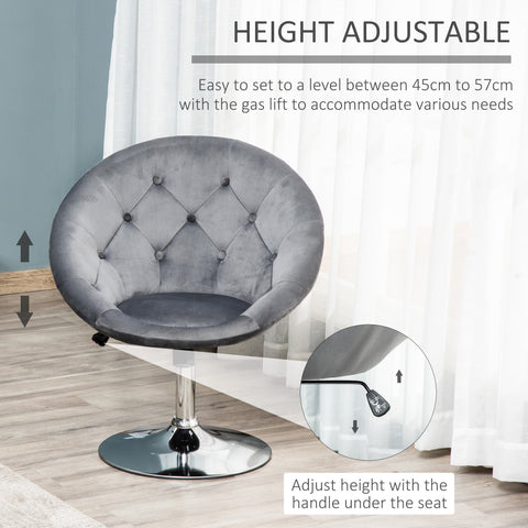 Gray velvet-feel upholstered swivel dressing stool with button tufting, adjustable height, and chrome base
