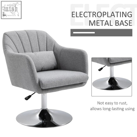 Gray upholstered swivel chair with electroplated metal base light grey seat cushion and adjustable height for living room
