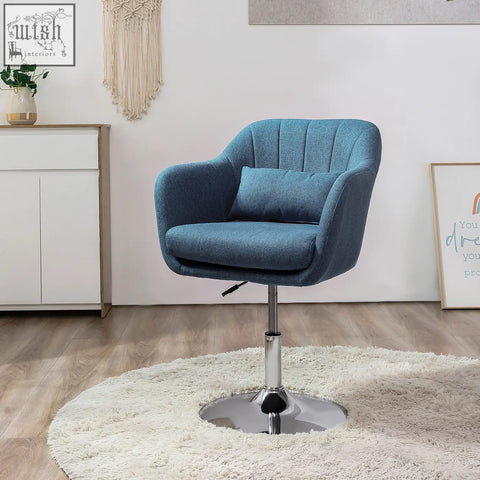 Blue upholstered accent chair with adjustable height chrome base and thick seat cushion for living room or office use