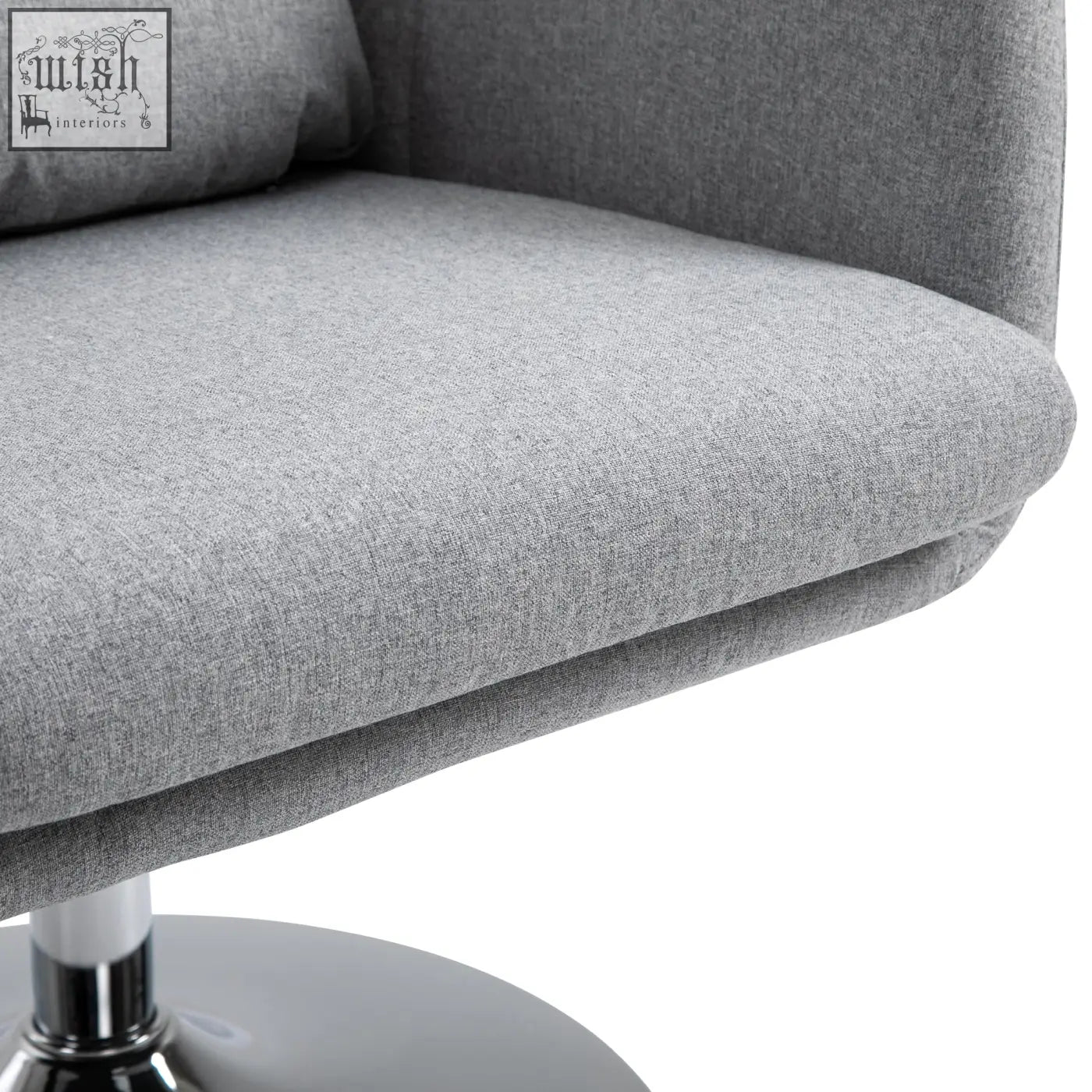 Gray upholstered swivel chair with adjustable height light grey linen fabric seat cushion and chrome base for office or bedroom