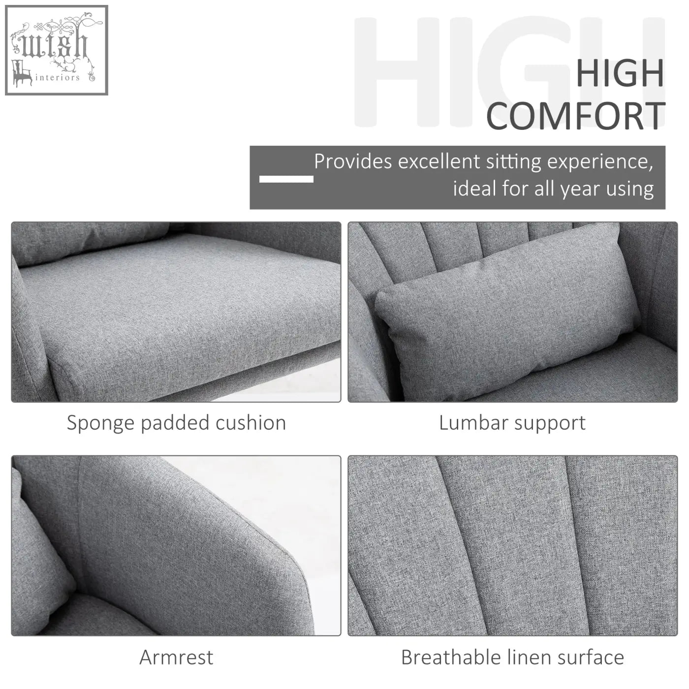 Gray upholstered swivel armchair with breathable linen surface adjustable height and thick seat cushion in light grey