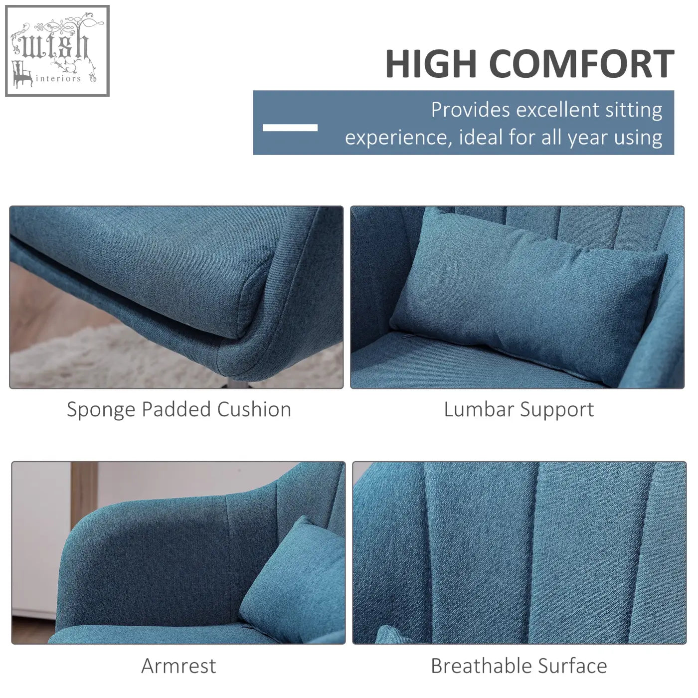 Blue upholstered accent chair with sponge-padded seat cushion and adjustable height for living room or office use