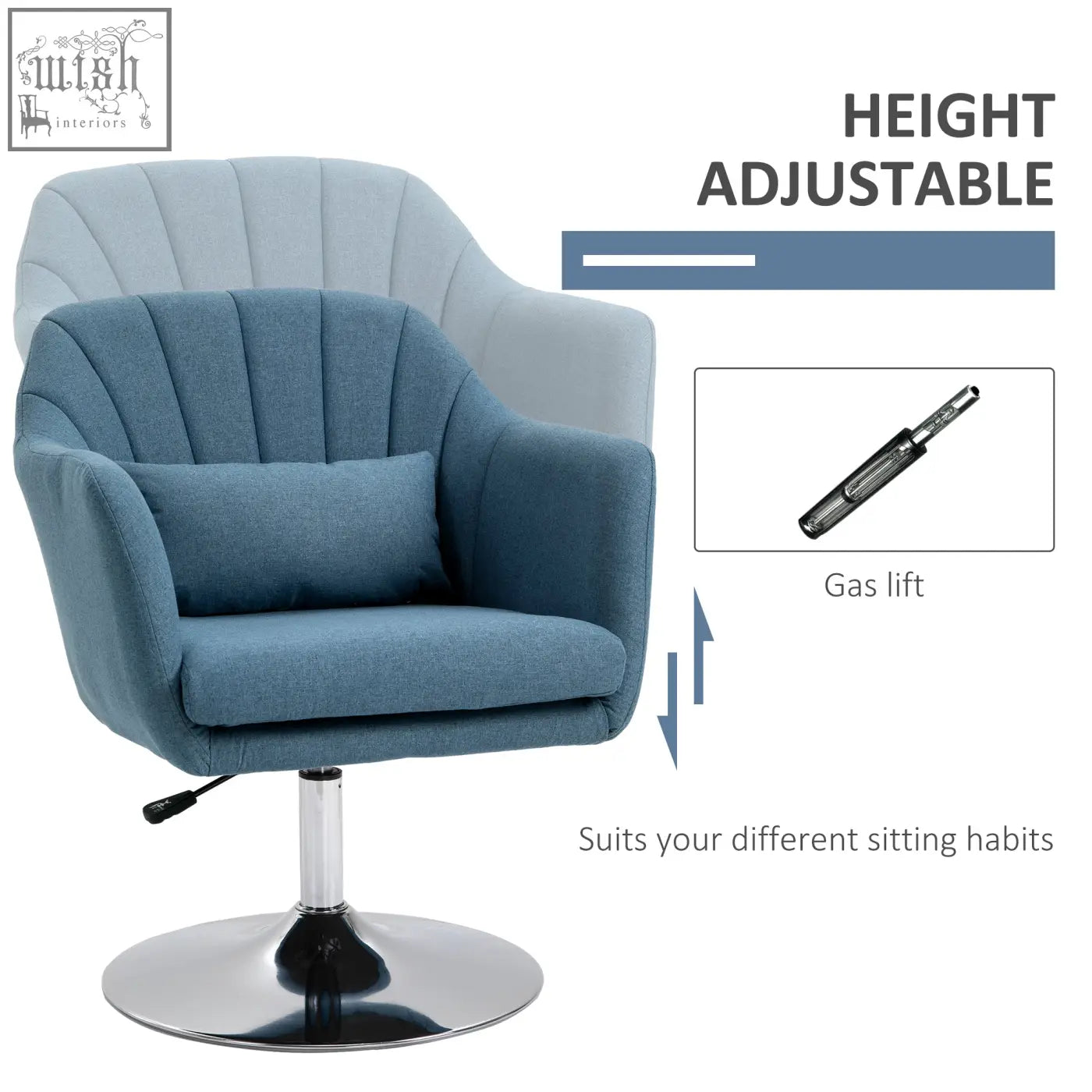 Blue upholstered accent chair with adjustable height gas lift and thick seat cushion for living room or office