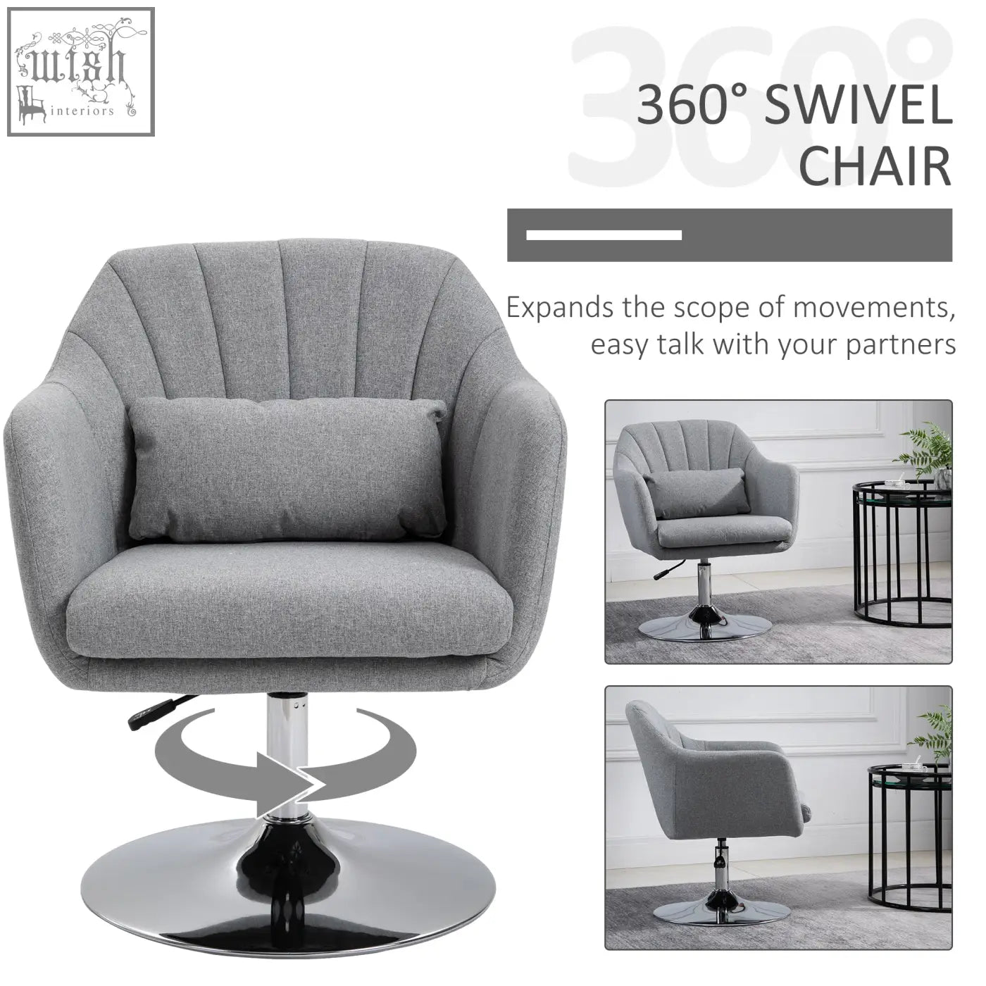 Light grey homcom swivel linen fabric accent chair with adjustable height and thick seat cushion for living room or office