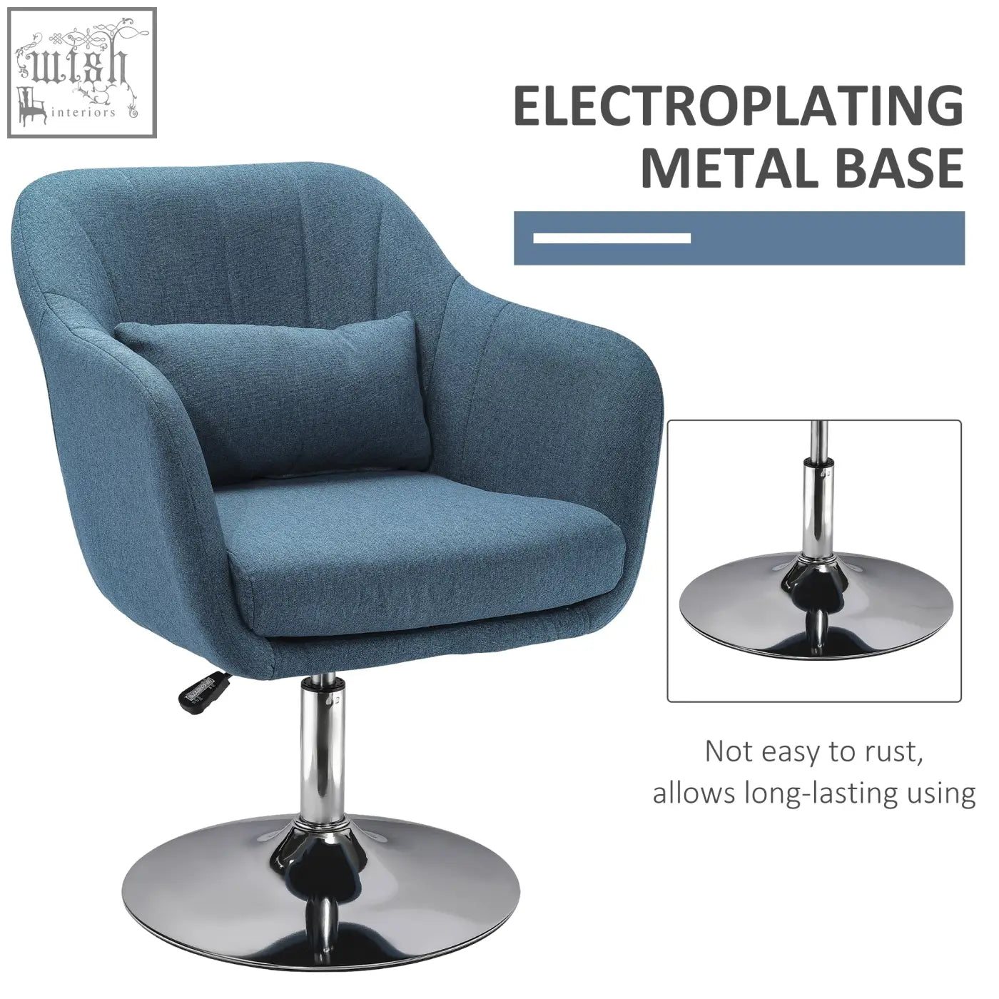 Blue upholstered accent chair with adjustable height seat cushion and chrome electroplated metal base for living room