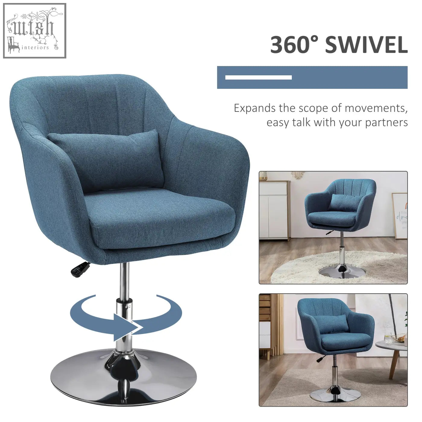 Blue upholstered homcom accent chair with adjustable height, thick seat cushion, chrome base, and footrest for living room