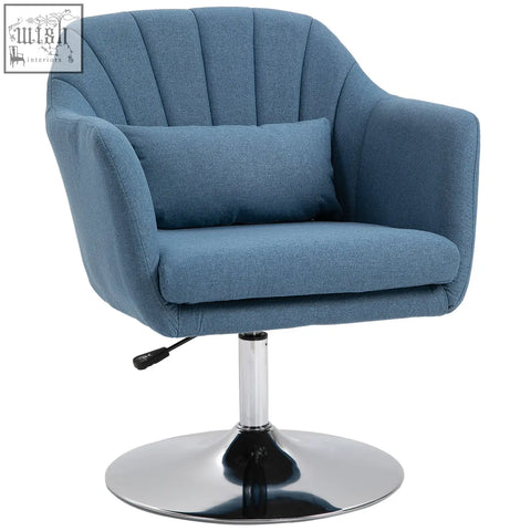 Blue tufted linen fabric accent chair with adjustable height chrome base and thick seat cushion for living room