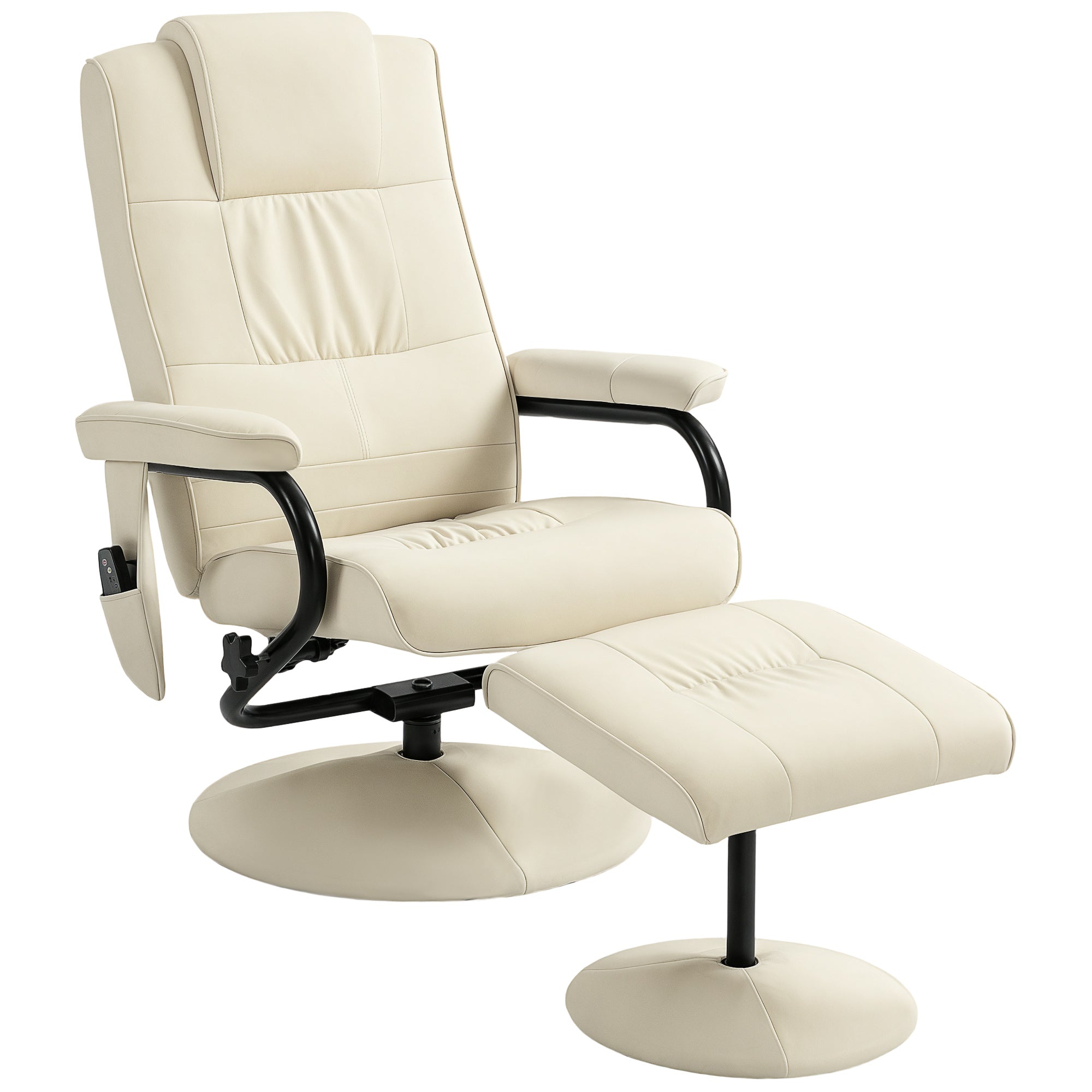 Cream white homcom swivel recliner chair and ottoman with remote control faux leather and black metal frame