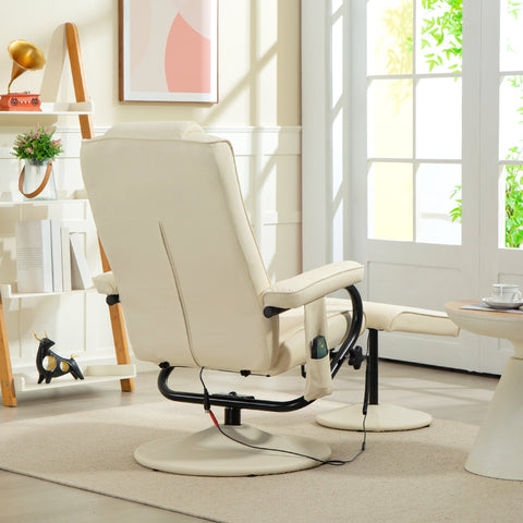 Cream white homcom swivel recliner chair and ottoman with remote control and black metal frame in faux leather