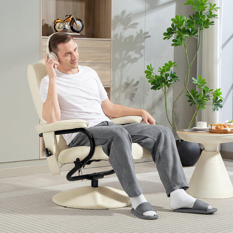 Cream white homcom swivel recliner chair with remote control faux leather and black metal round base