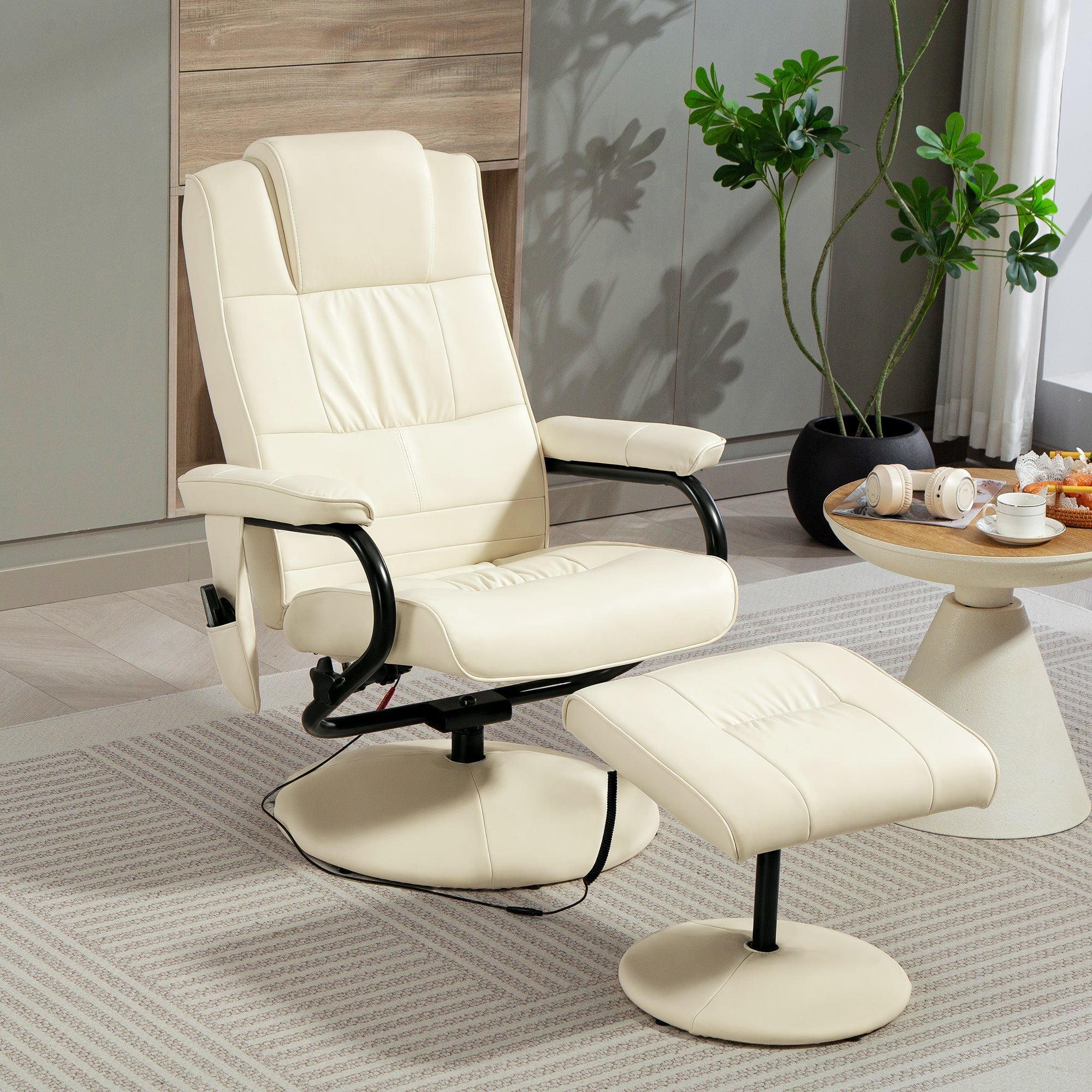 Cream white homcom swivel recliner chair and ottoman with remote control faux leather and black metal frame base