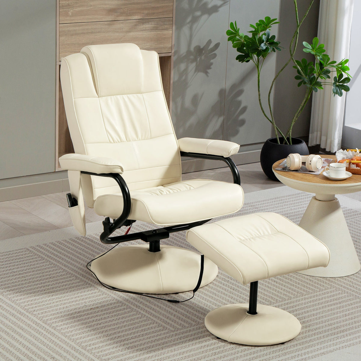 Cream white homcom swivel recliner chair and ottoman with remote control faux leather and black metal frame base