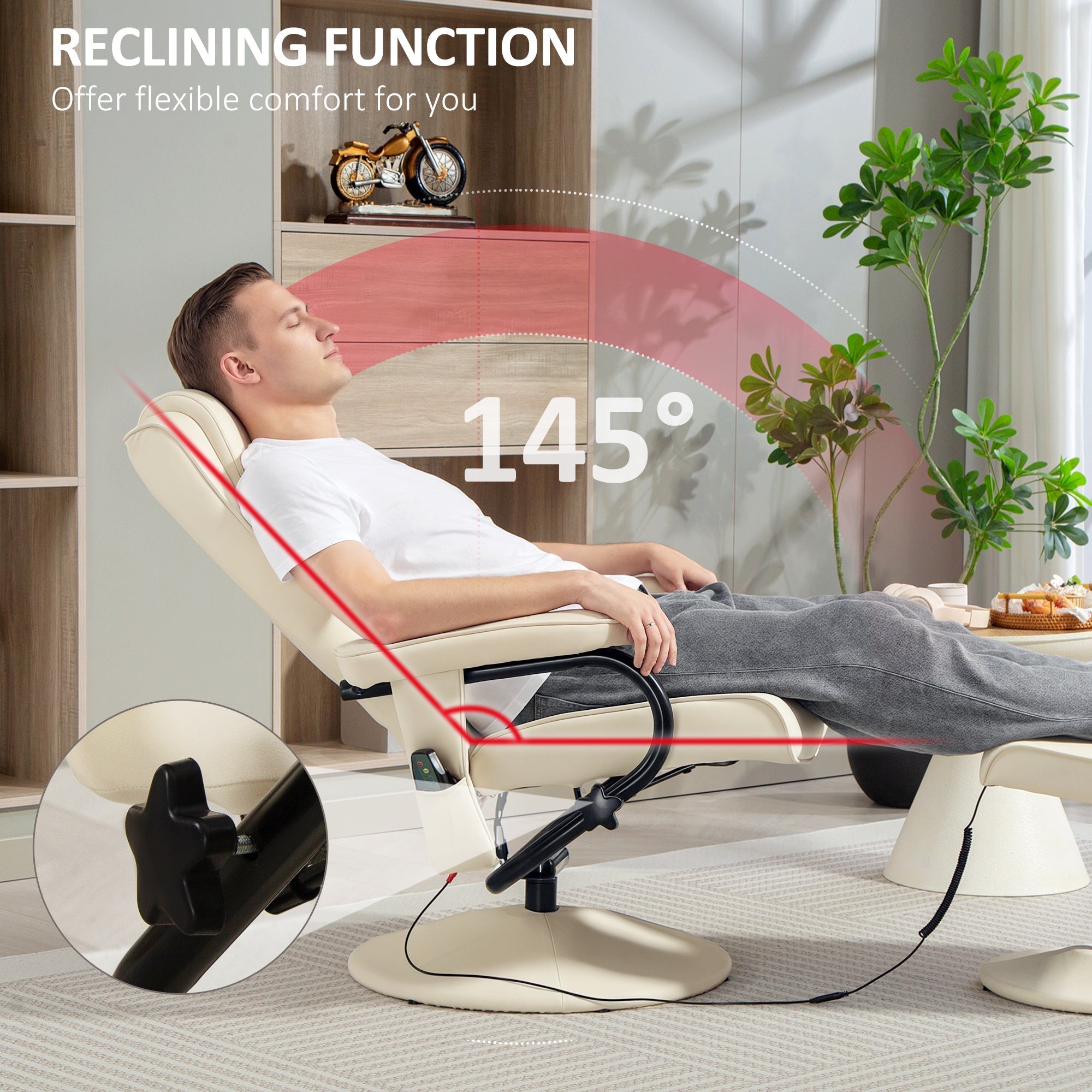 Cream white homcom swivel recliner chair with remote control, faux leather, black metal frame, and adjustable reclining mechanism