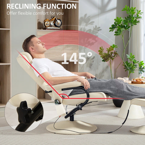 Cream white homcom swivel recliner chair with remote control, faux leather, black metal frame, and adjustable reclining mechanism