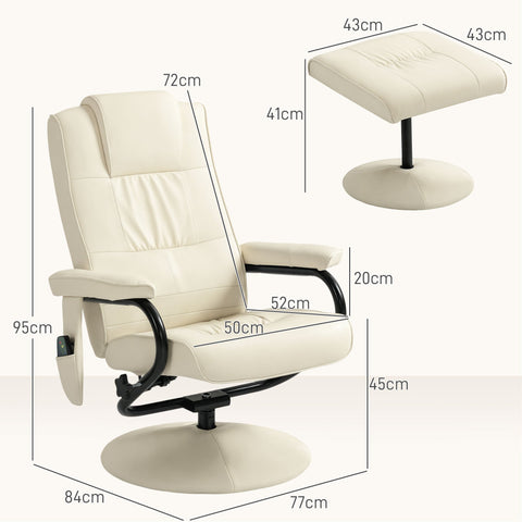 Cream white homcom swivel recliner chair with remote control and matching faux leather ottoman in cream white