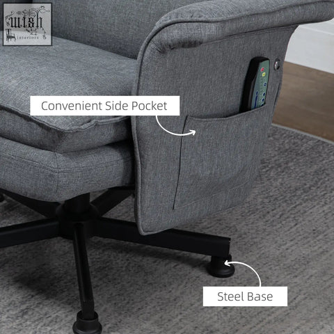 Grey homcom massage recliner armchair with remote control, side pocket, steel base, and textured fabric upholstery