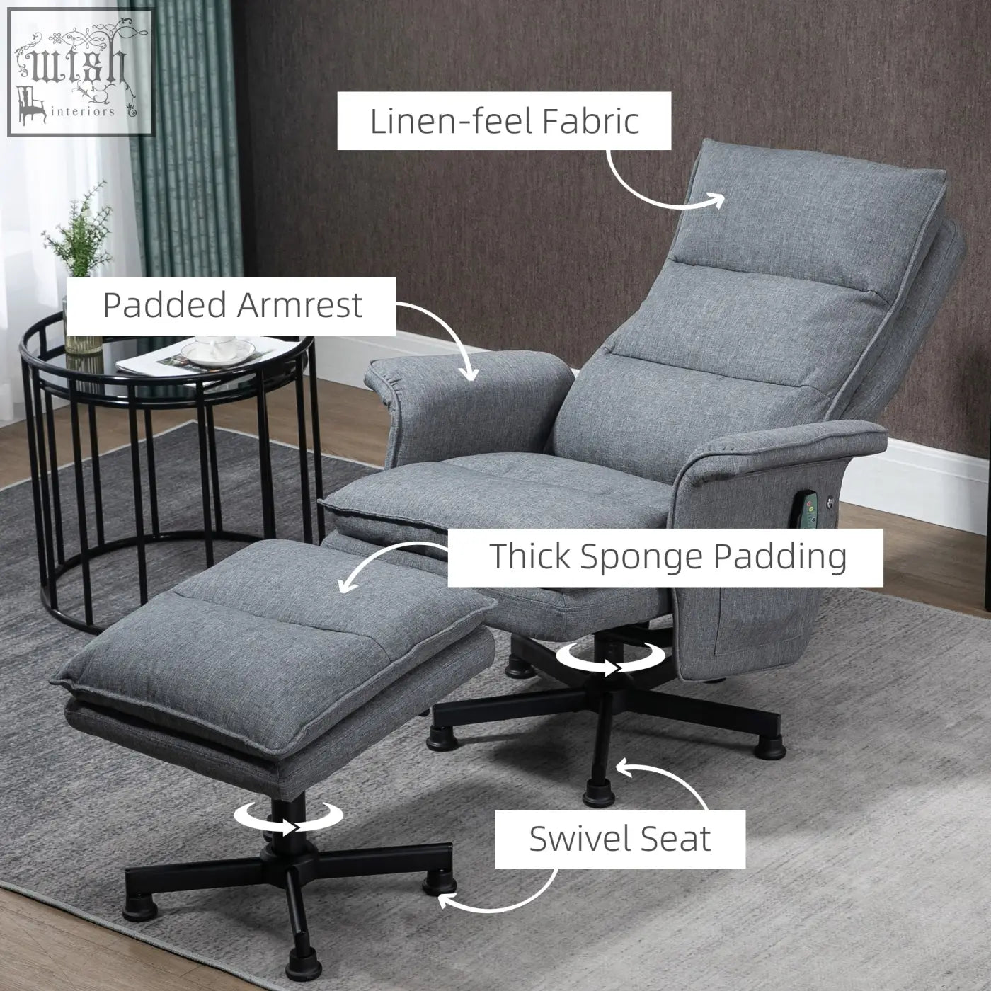 Gray linen-feel homcom massage recliner armchair with remote control swivel seat and thick padded armrests on black legs