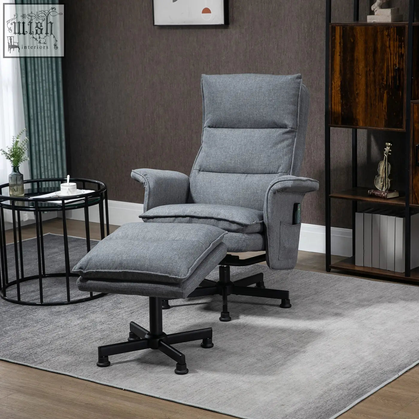 Gray upholstered massage recliner armchair with matching ottoman and remote control on black steel base