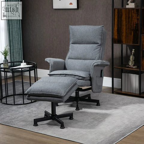 Gray upholstered massage recliner armchair with matching ottoman and remote control on black steel base