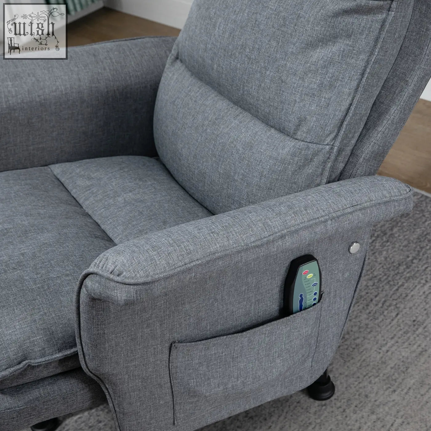Gray textured fabric massage recliner armchair with built-in remote control pocket and steel base for comfort