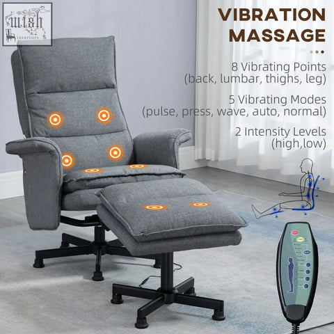 Gray fabric homcom massage recliner armchair with remote control and matching ottoman for ultimate comfort