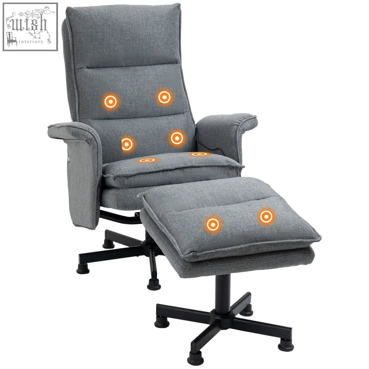Gray homcom swivel massage recliner armchair with matching ottoman and remote control heating zones glowing orange