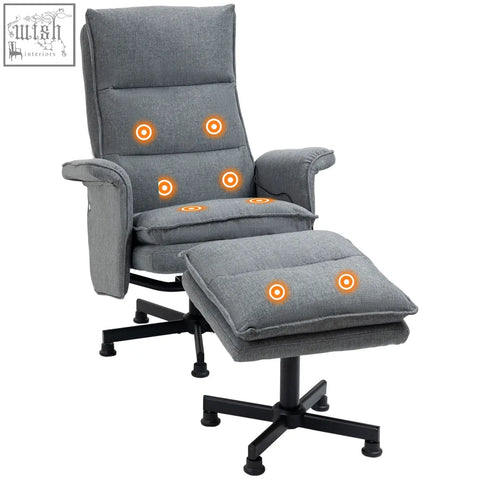 Gray homcom swivel massage recliner armchair with matching ottoman and remote control heating zones glowing orange