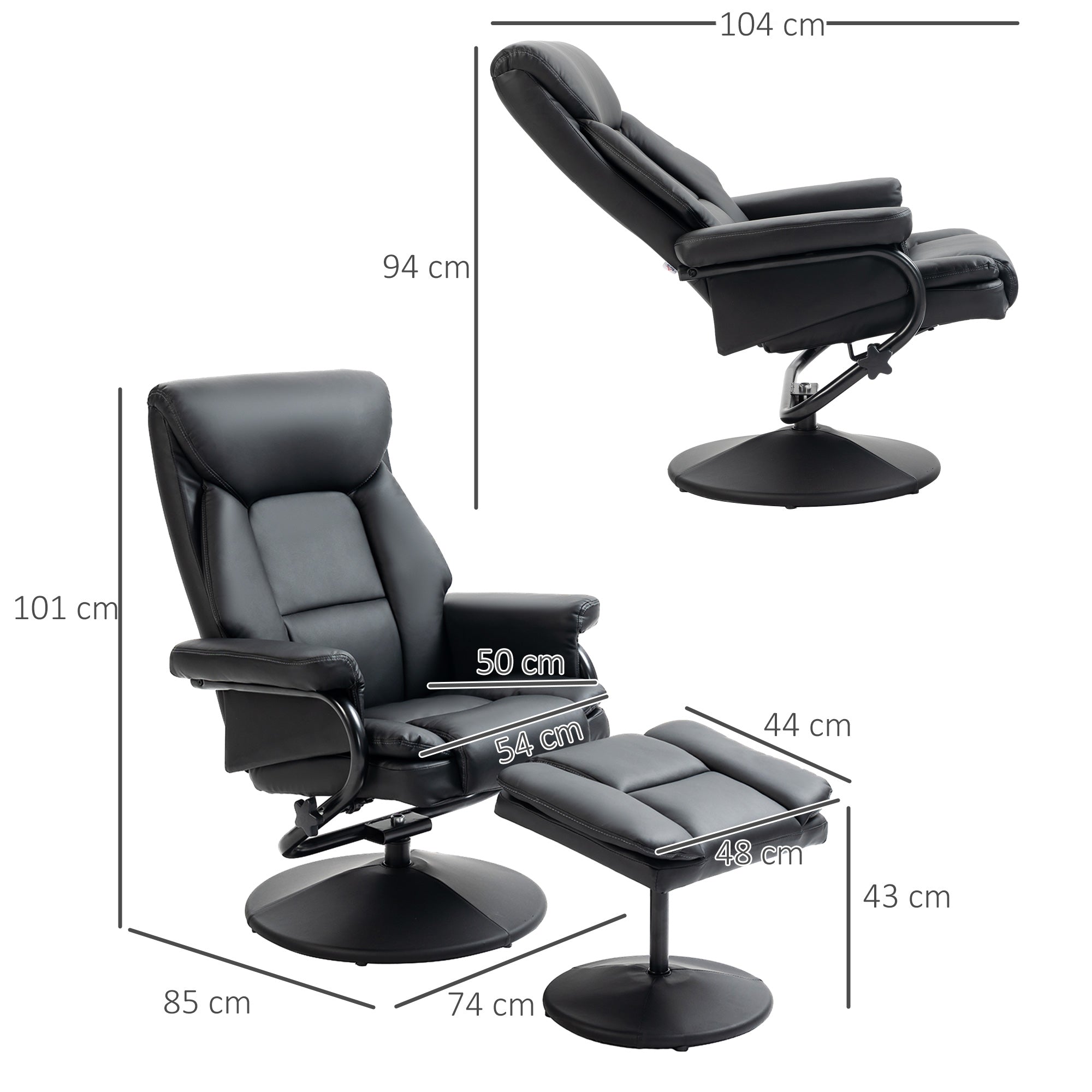 Black HOMCOM swivel recliner chair with matching ottoman in PU leather featuring curved metal bases and segmented cushions