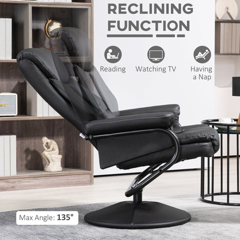 Black leather swivel recliner chair with footstool and sturdy steel base for living room office or bedroom use