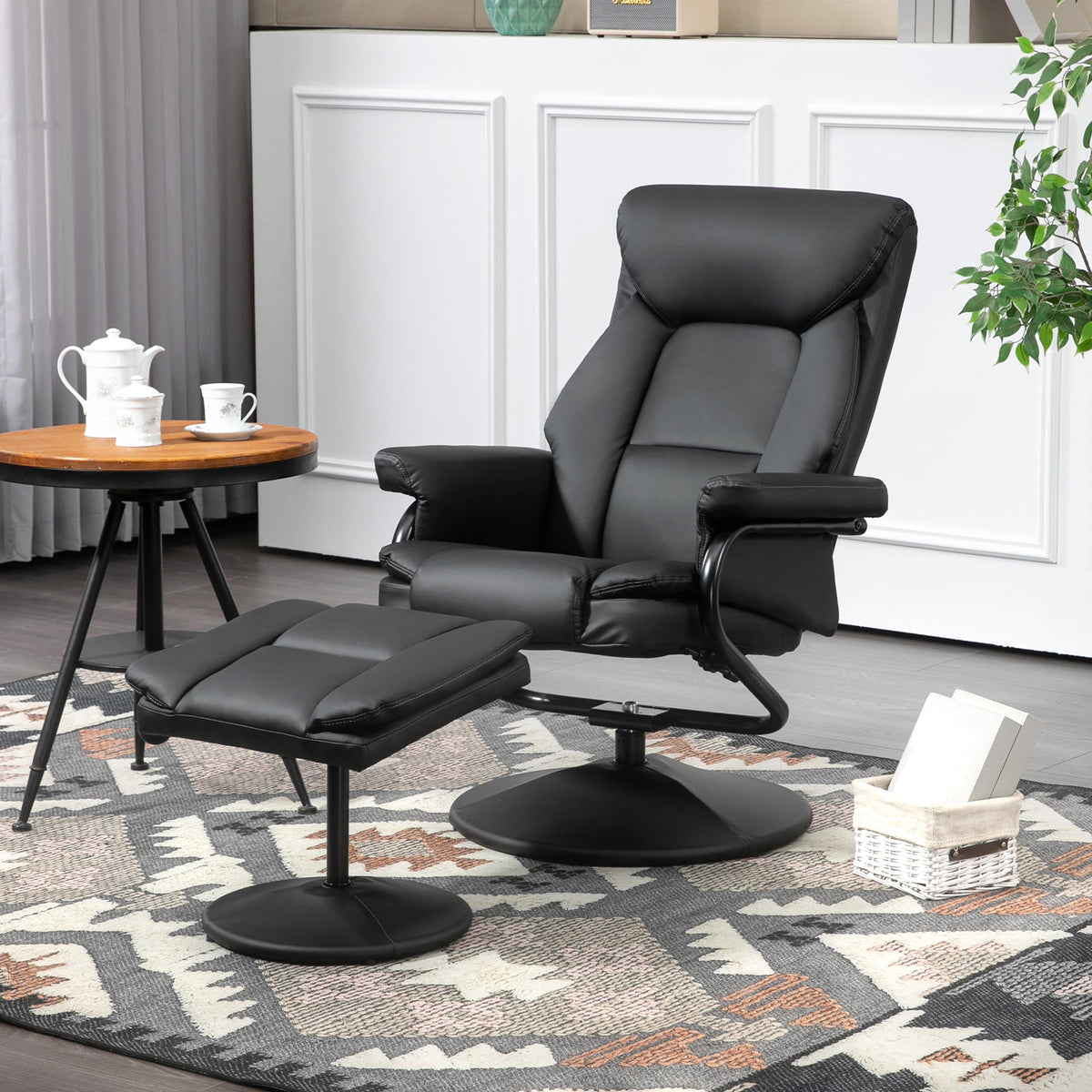 Black leather swivel recliner chair with matching ottoman made of pu leather and steel base for living room use