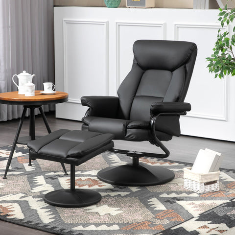 Black leather swivel recliner chair with matching ottoman made of pu leather and steel base for living room use