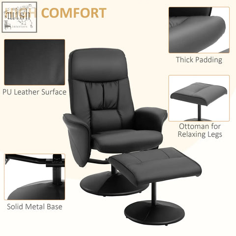 Black homcom swivel recliner chair with thick faux leather upholstery and metal base for living room use