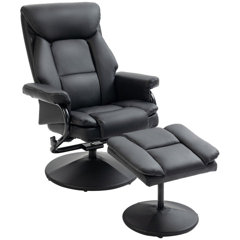 Black HOMCOM swivel recliner chair with footstool in PU leather featuring padded cushions and sleek steel base