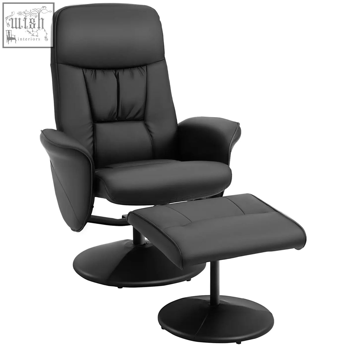 Black HOMCOM swivel recliner chair with ottoman features faux leather upholstery and round bases for living room comfort