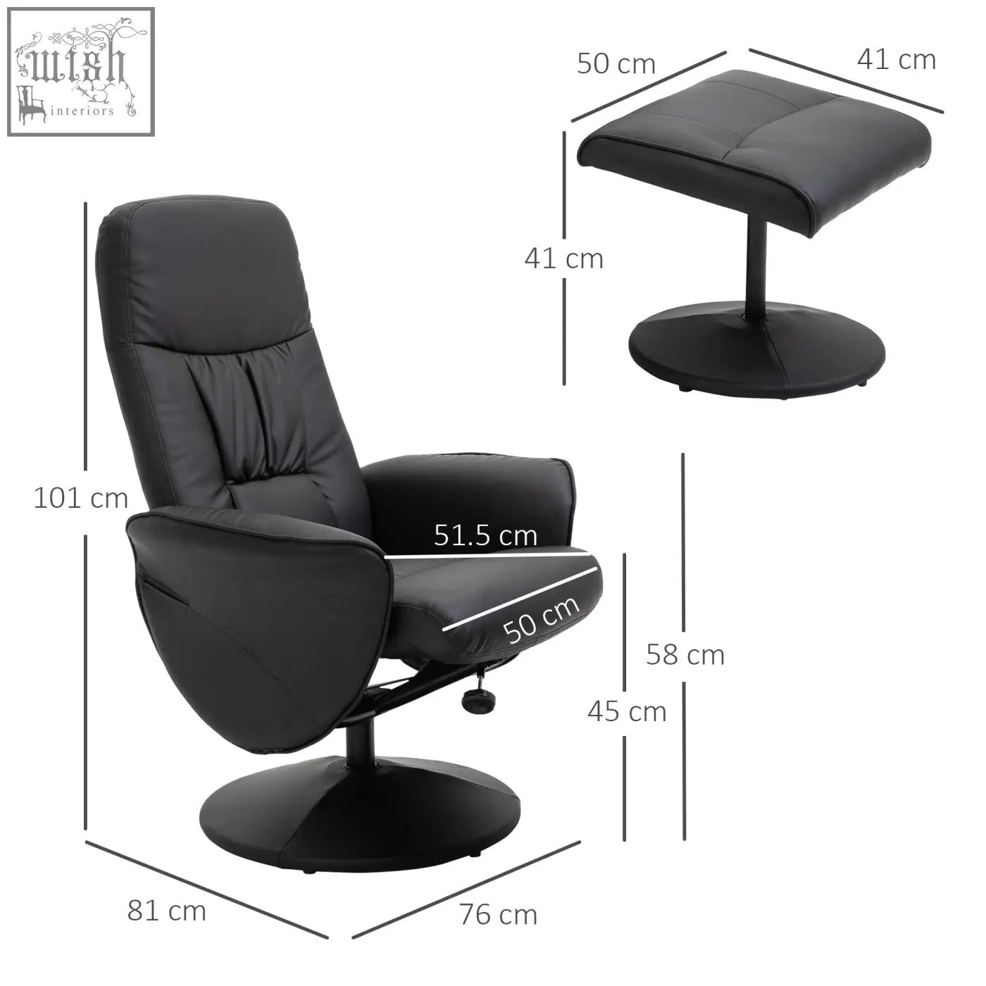 Black homcom swivel recliner chair with footstool in faux leather upholstery and sturdy metal bases for living room