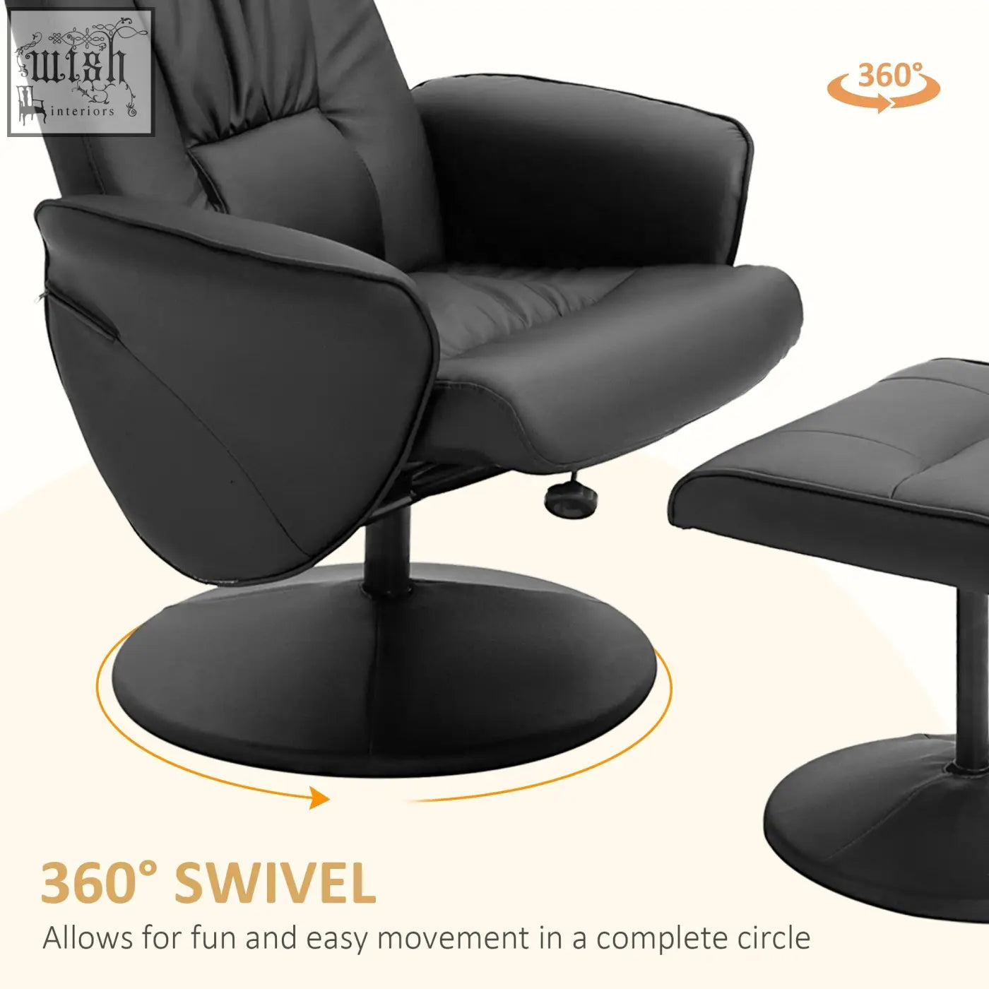 Black HOMCOM swivel recliner chair with footstool featuring faux leather upholstery and 360-degree round base for living room