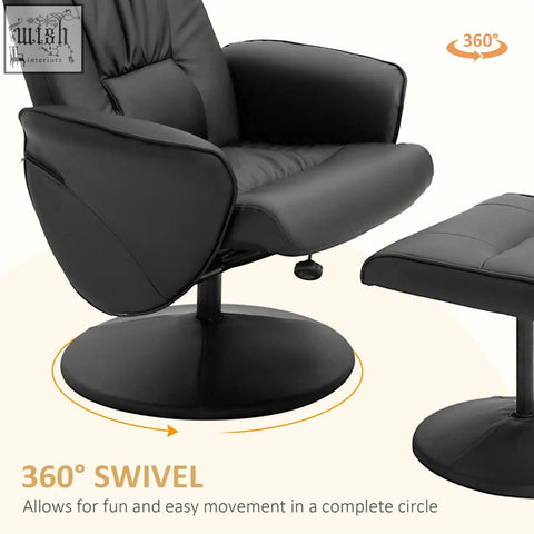 Black HOMCOM swivel recliner chair with footstool featuring faux leather upholstery and 360-degree round base for living room