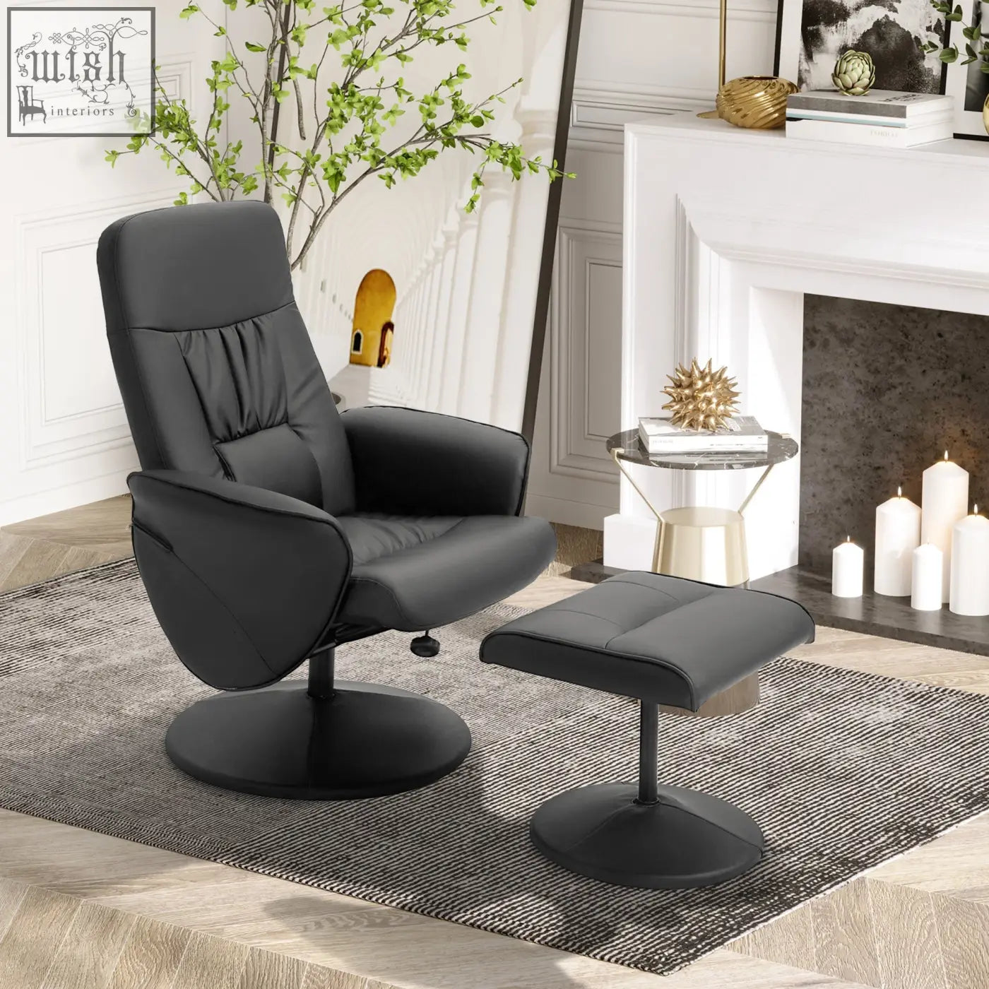 Black homcom swivel recliner chair with matching ottoman in faux leather upholstery for living room comfort