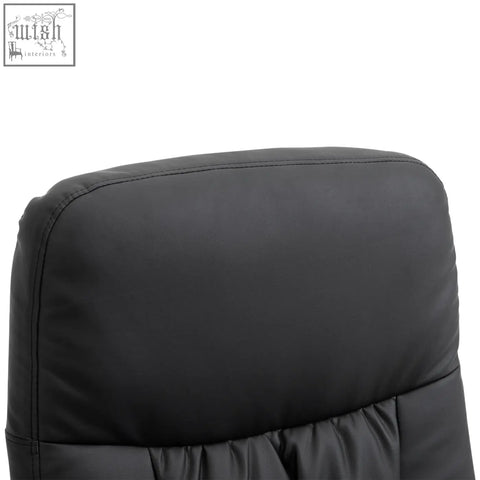 Black padded office chair headrest with stitched seams and ergonomic design in homcom swivel recliner with faux leather upholstery
