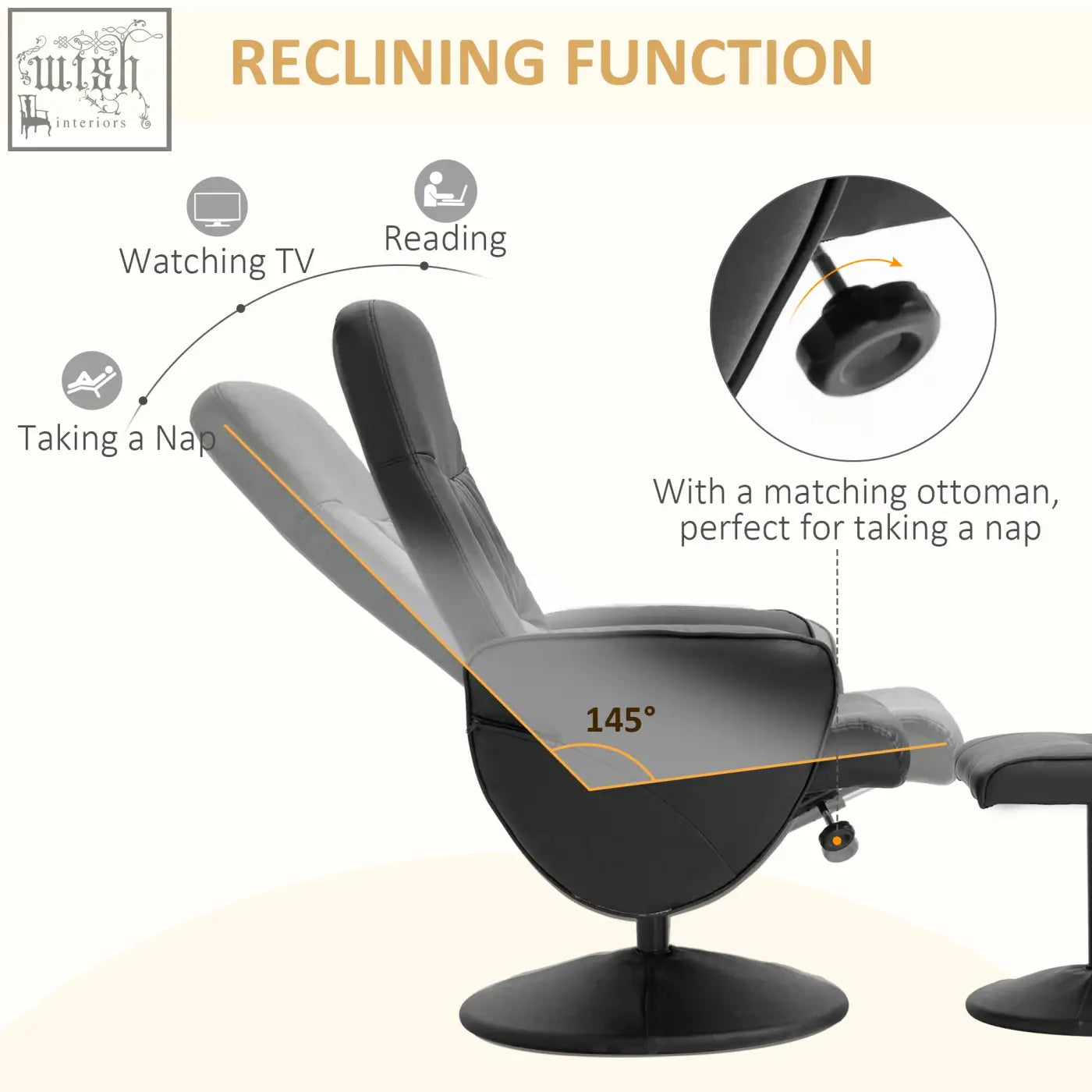 Black HOMCOM swivel recliner chair with footstool featuring 145-degree adjustable backrest and faux leather upholstery
