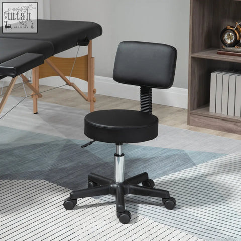 Black leatherette swivel salon chair with padded seat height adjustable and five wheels for tattoo spa use
