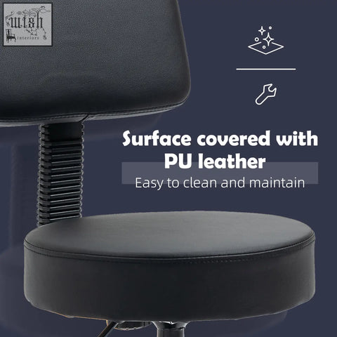 Black pu leather salon stool with padded seat and backrest five wheels and height adjustable for hairdressers