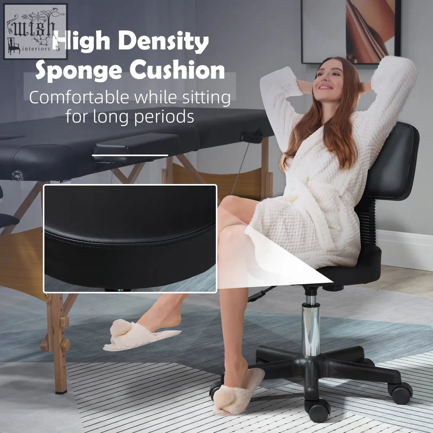 Black high-density sponge swivel salon chair with padded seat, five wheels, height adjustable chrome base for hairdressers