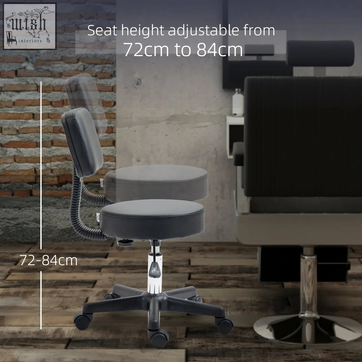 Adjustable black leatherette salon chair with padded seat back five wheels chrome base height adjustable for salon use