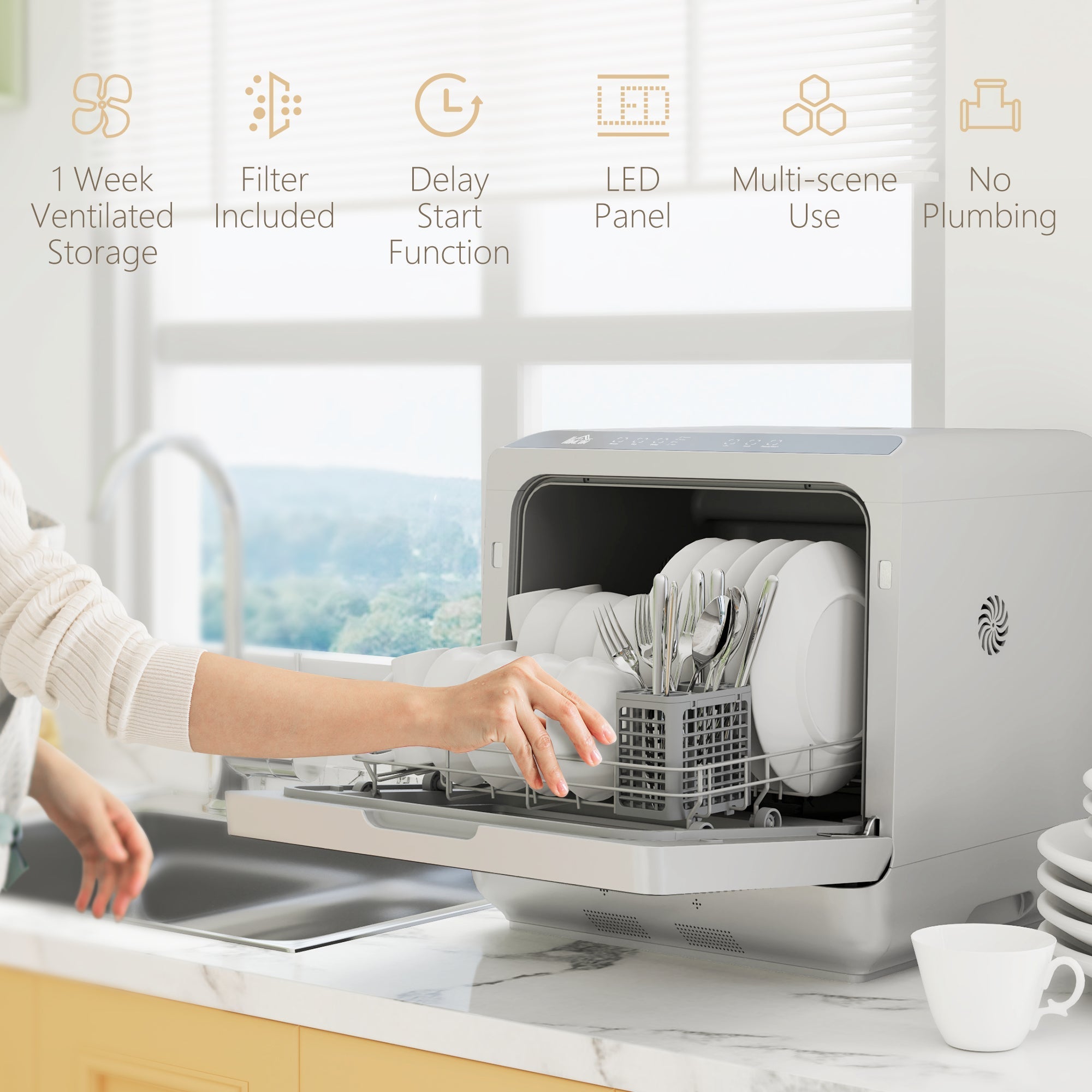 Gray homcom tabletop dishwasher with digital led panel bowl rack drain hose clamp and multifunction settings for fruit wash mode