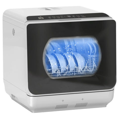 Homcom silver tone mini countertop dishwasher with black front panel and bowl rack cleaning blue plates, includes drain hose clamp