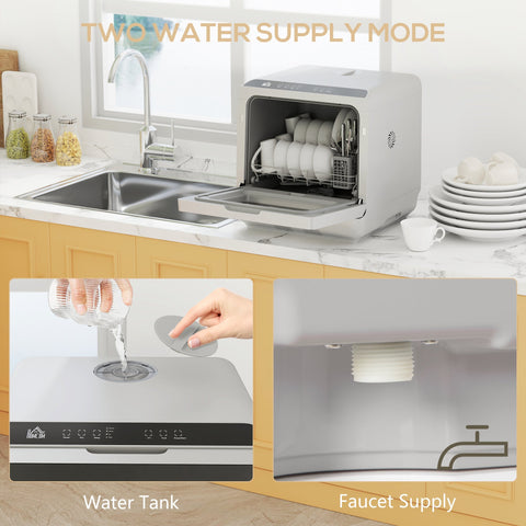 Compact silver homcom table top dishwasher with dual water supply modes and drain hose clamp for easy setup