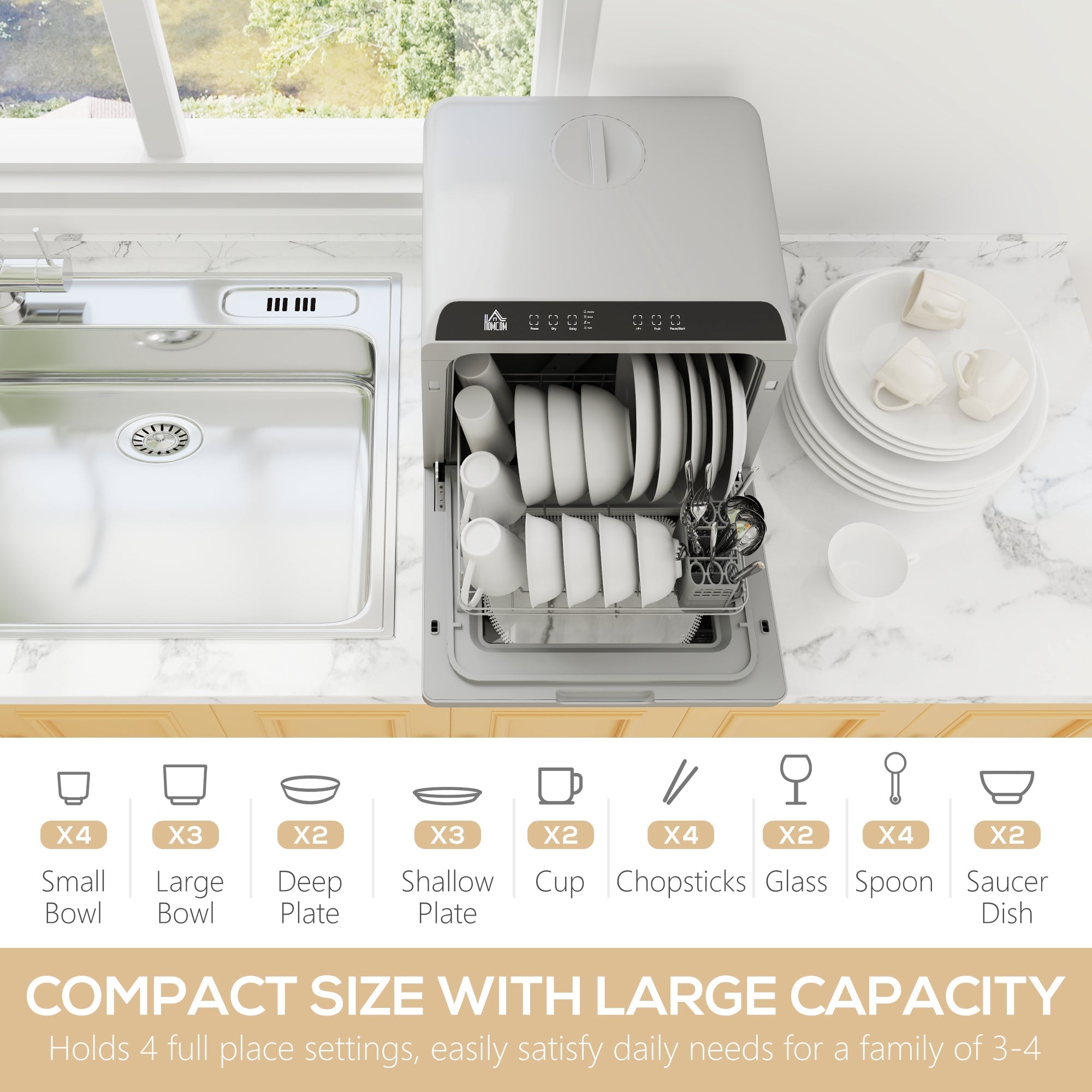 Compact silver homcom tabletop dishwasher with digital control panel bowl rack and drain hose clamp for easy setup