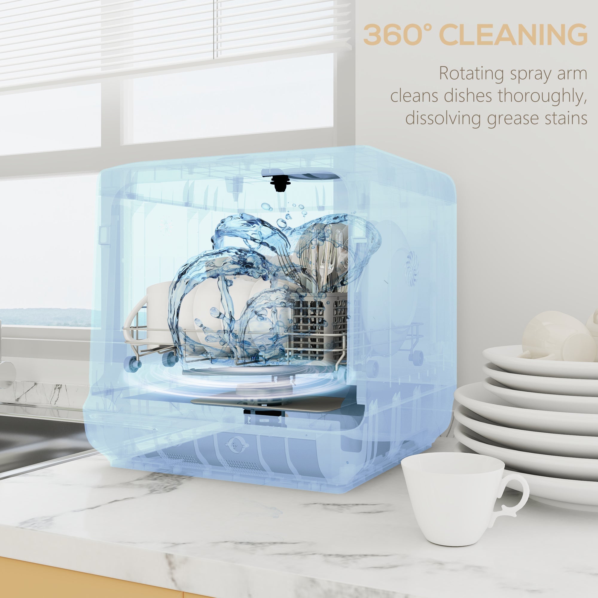 Light blue transparent tabletop dishwasher with stainless steel bowl rack, rotating spray arm, drain hose clamp, and led display